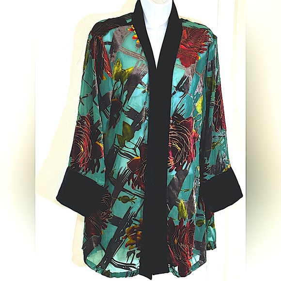 Kimono Jacket With  Black Velvet Trim Sheer Fabric With Velvet Design. 1 Size - Picture 1 of 13